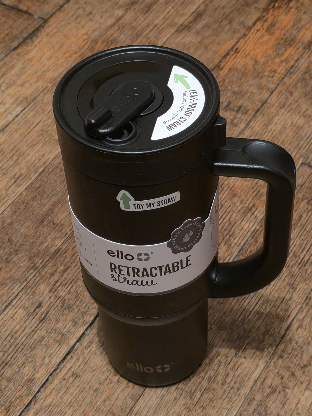 ello Retractable Straw Travel Mug with Handle — Black